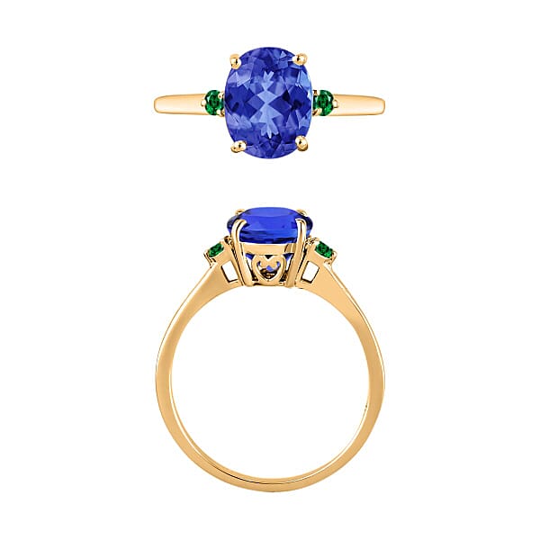 Rhapsody 18K Yellow Gold AAAA Tanzanite And Boyaca Colombian Emerald Ring 5.50 Grams 2.10 Ctw