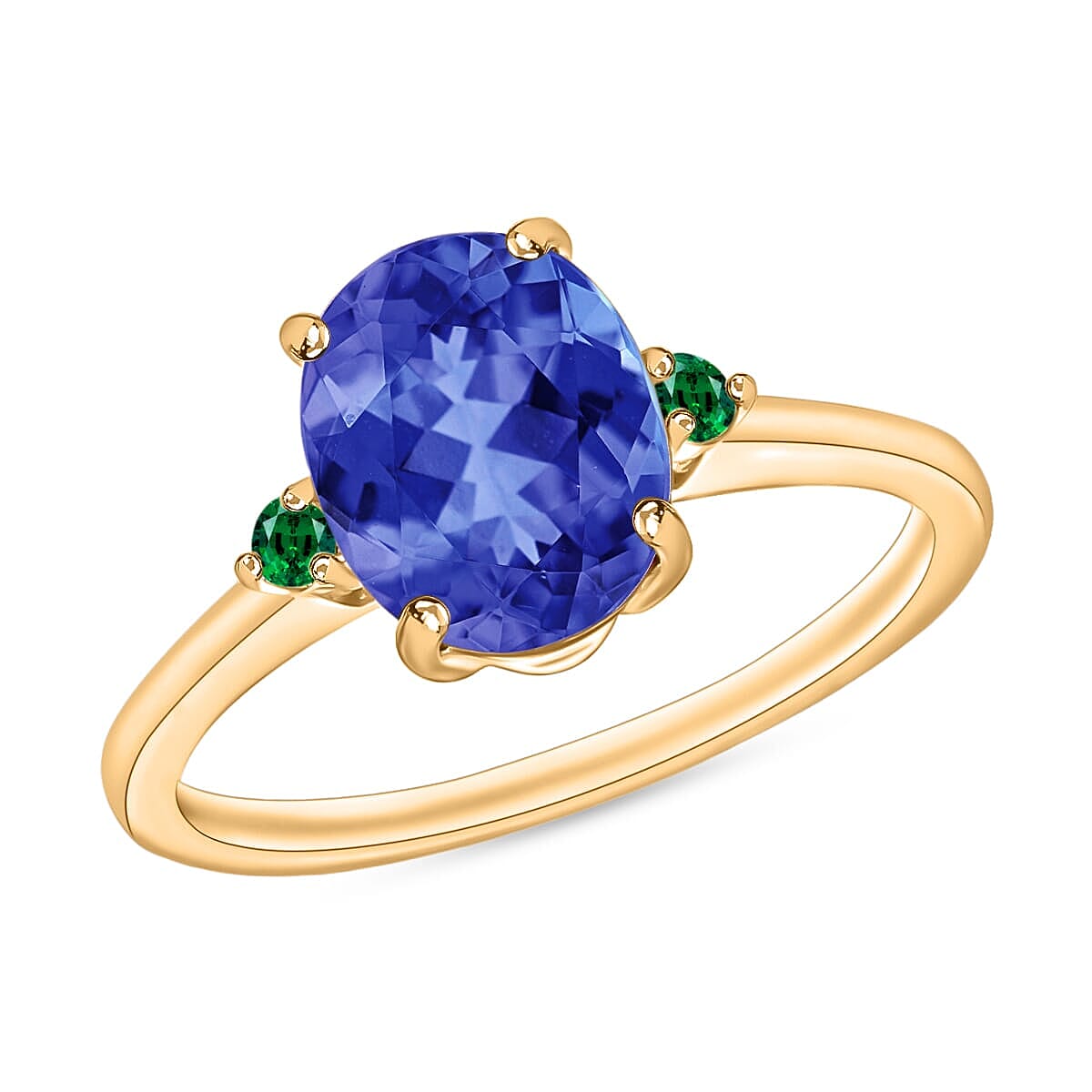 Rhapsody 18K Yellow Gold AAAA Tanzanite and Boyaca Colombian Emerald Ring 5.50 Grams 2.10 ctw