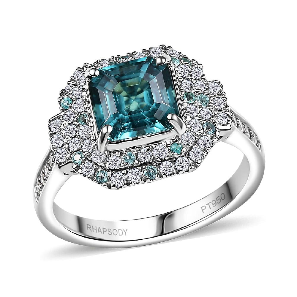 Rhapsody 950 Platinum AAAA Asscher Cut Pirineu Lagoon Tourmaline Paraiba Tourmaline and Diamond (E-F VS2) (0.60 cts) Ring (8.10 g) 3.50 ctw