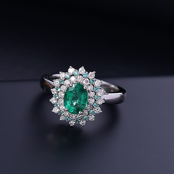 Rhapsody 950 Platinum AAAA Kagem Zambian Emerald Paraiba Tourmaline And Diamond (E-F VS) (0.56 Cts) Sunburst Ring 2.00 Ctw