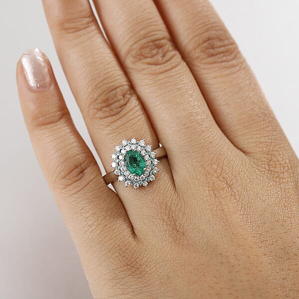 Rhapsody 950 Platinum AAAA Kagem Zambian Emerald Paraiba Tourmaline And Diamond (E-F VS) (0.56 Cts) Sunburst Ring 2.00 Ctw