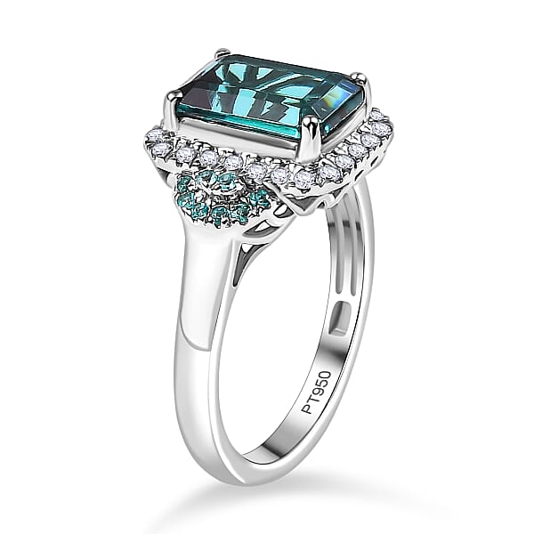 Rhapsody 950 Platinum AAAA Lagoon Tourmaline Paraiba Tourmaline And Diamond (E-F VS2) (0.41 Cts) Halo Ring (7.90 G) 4.16 Ctw