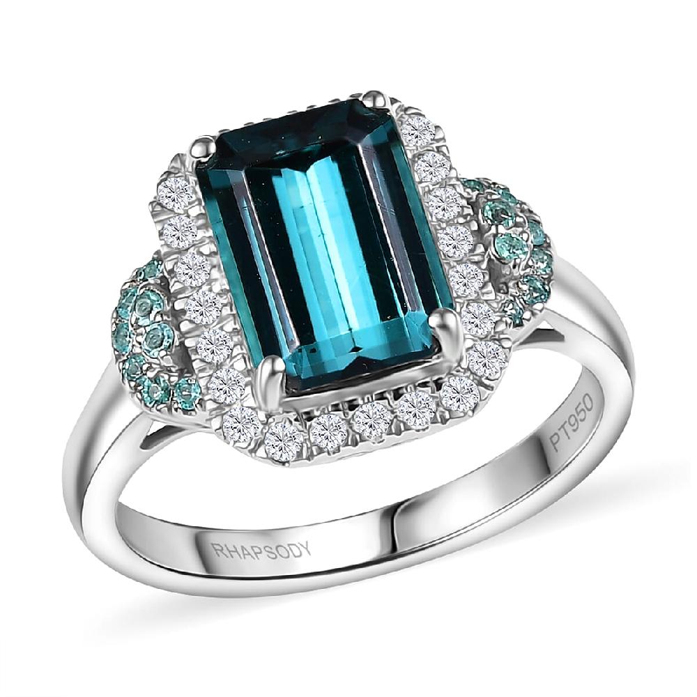 Rhapsody 950 Platinum AAAA Lagoon Tourmaline Paraiba Tourmaline and Diamond (E-F VS2) (0.41 cts) Halo Ring (7.90 g) 4.16 ctw
