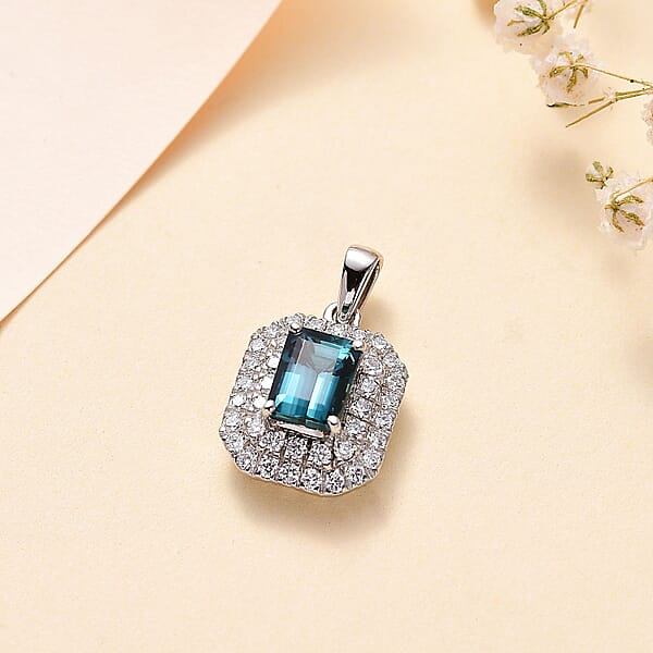 Rhapsody 950 Platinum AAAA Monte Belo Indicolite And E-F VS Diamond Double Halo Pendant Without Chain 4.20 Grams 2.05 Ctw