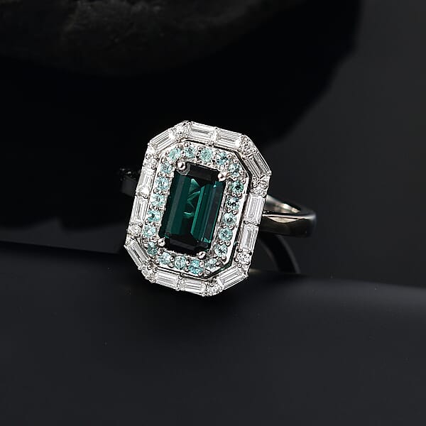Rhapsody 950 Platinum AAAA Monte Belo Indicolite Paraiba Tourmaline And Diamond (E-F VS2) (0.30 Cts) Ring (9.10 G) 2.85 Ctw