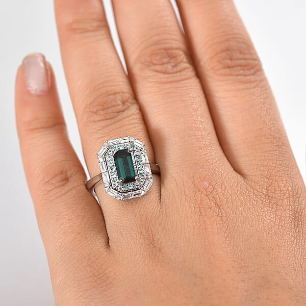 Rhapsody 950 Platinum AAAA Monte Belo Indicolite Paraiba Tourmaline And Diamond (E-F VS2) (0.30 Cts) Ring (9.10 G) 2.85 Ctw