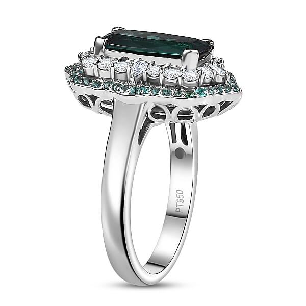 Rhapsody 950 Platinum AAAA Monte Belo Indicolite Paraiba Tourmaline And Diamond (E-F VS2) (0.64 Cts) Ring (10.28 G) 3.50 Ctw