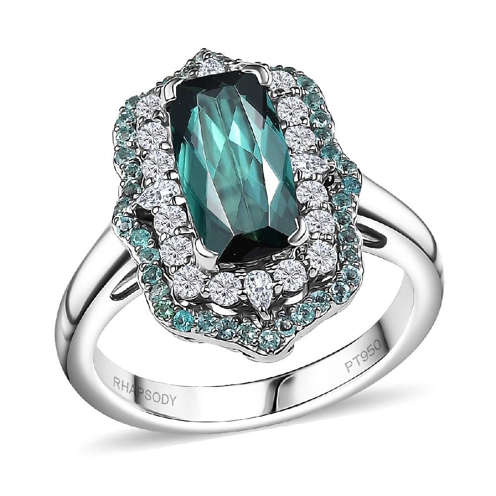 Rhapsody 950 Platinum AAAA Monte Belo Indicolite Paraiba Tourmaline and Diamond (E-F VS2) (0.64 cts) Ring (10.28 g) 3.50 ctw