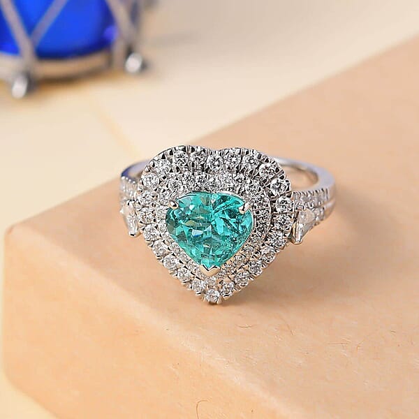 Rhapsody 950 Platinum AAAA Paraiba Tourmaline And E-F VS Diamond 2.98 Ctw Ring 8.25 Grams