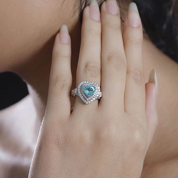 Rhapsody 950 Platinum AAAA Paraiba Tourmaline And E-F VS Diamond 2.98 Ctw Ring 8.25 Grams