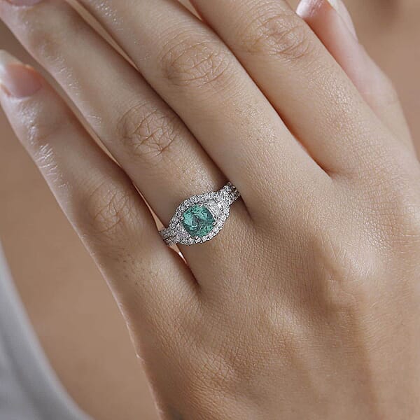 Rhapsody 950 Platinum AAAA Paraiba Tourmaline Diamond (E-F VS) Ring (7.12 G) 2.00 Ctw