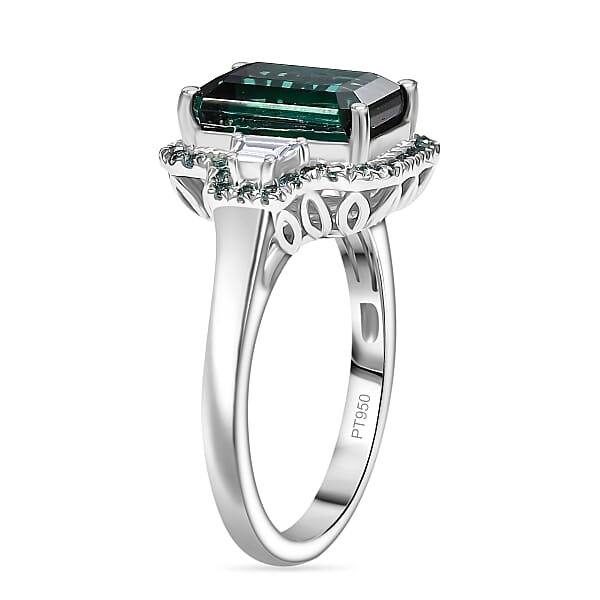 Rhapsody 950 Platinum AAAA Pirineu Lagoon Tourmaline Paraiba Tourmaline And Diamond (E-F VS2) (0.30 Cts) Halo Ring (8.60 G) 5.25 Ctw