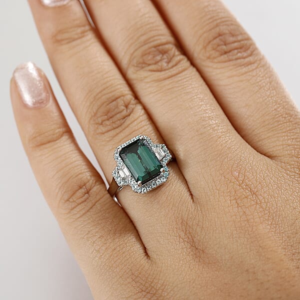 Rhapsody 950 Platinum AAAA Pirineu Lagoon Tourmaline Paraiba Tourmaline And Diamond (E-F VS2) (0.30 Cts) Halo Ring (8.60 G) 5.25 Ctw