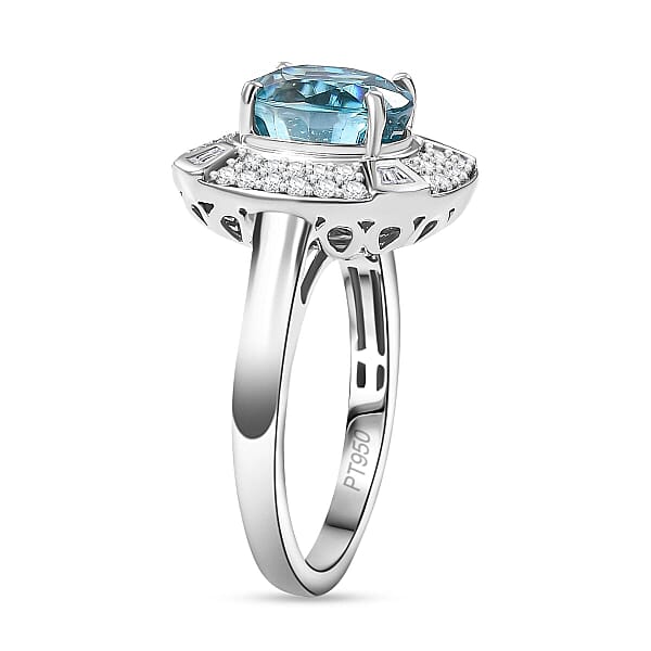 Rhapsody 950 Platinum AAAA Ratanakiri Blue Zircon Diamond (E-F VS) (0.57 Cts) Ring (7.85 G) 6.00 Ctw