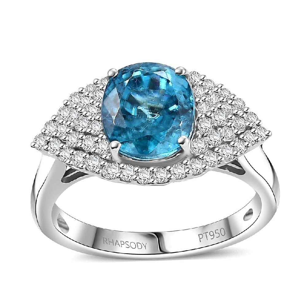 Rhapsody 950 Platinum AAAA Ratanakiri Blue Zircon Diamond (E-F VS) (0.51 cts) Ring (6.80 g) 4.75 ctw