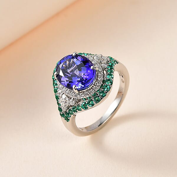 Rhapsody 950 Platinum AAAA Tanzanite Boyaca Colombian Emerald And E-F VS2 Diamond Ring 8.55 Grams 5.90 Ctw