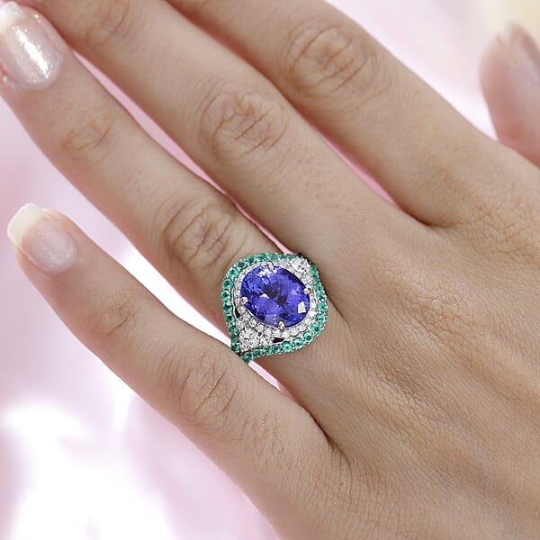 Rhapsody 950 Platinum AAAA Tanzanite Boyaca Colombian Emerald And E-F VS2 Diamond Ring 8.55 Grams 5.90 Ctw