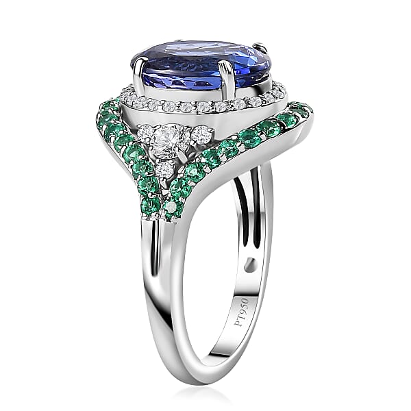 Rhapsody 950 Platinum AAAA Tanzanite Boyaca Colombian Emerald And E-F VS2 Diamond Ring 8.55 Grams 5.90 Ctw