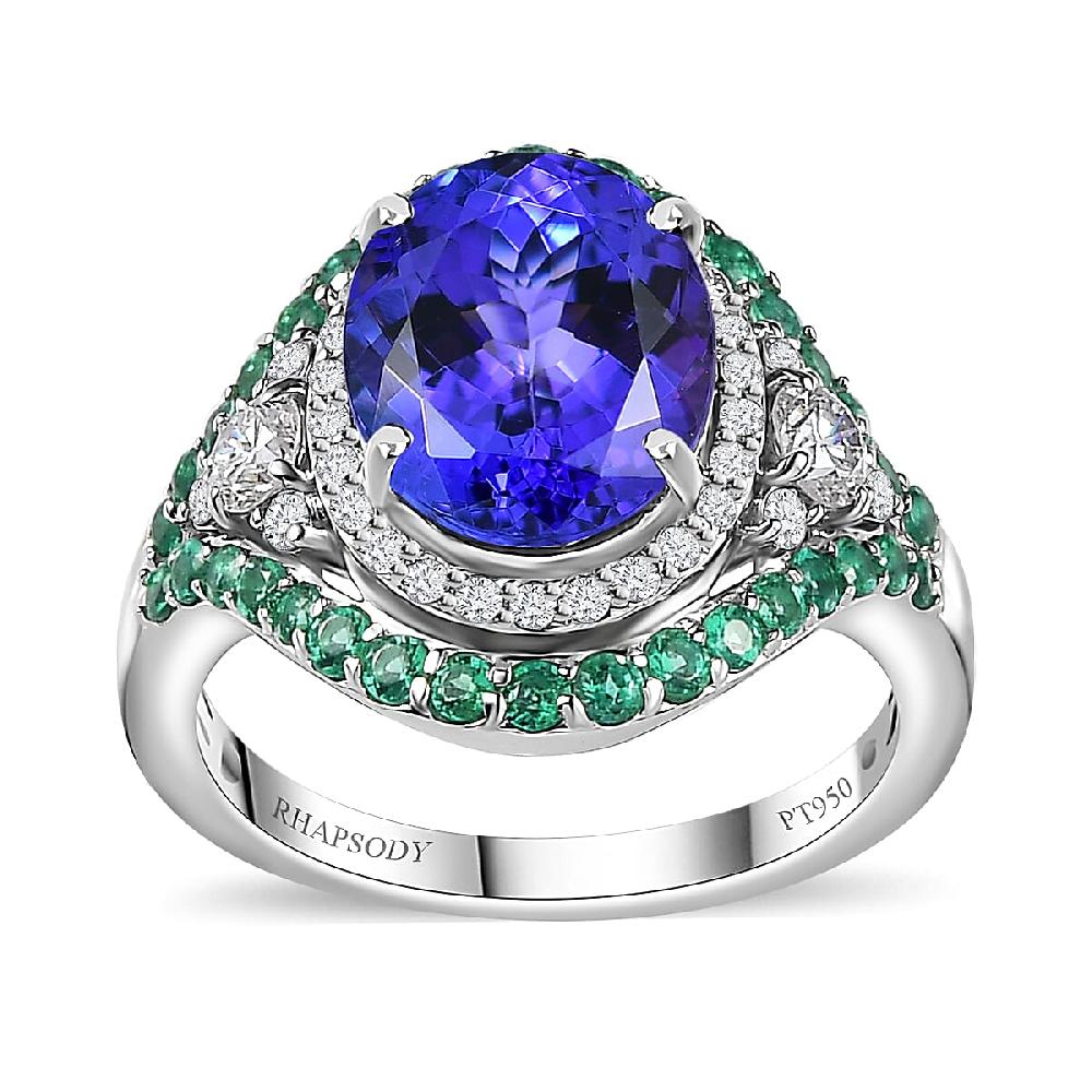 Rhapsody 950 Platinum AAAA Tanzanite Boyaca Colombian Emerald and E-F VS2 Diamond Ring 8.55 Grams 5.90 ctw