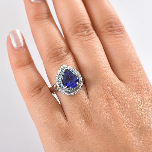 Rhapsody 950 Platinum AAAA Tanzanite Paraiba Tourmaline And Diamond (E-F VS2) (0.51 Cts) Ring (9.60 G) 4.50 Ctw