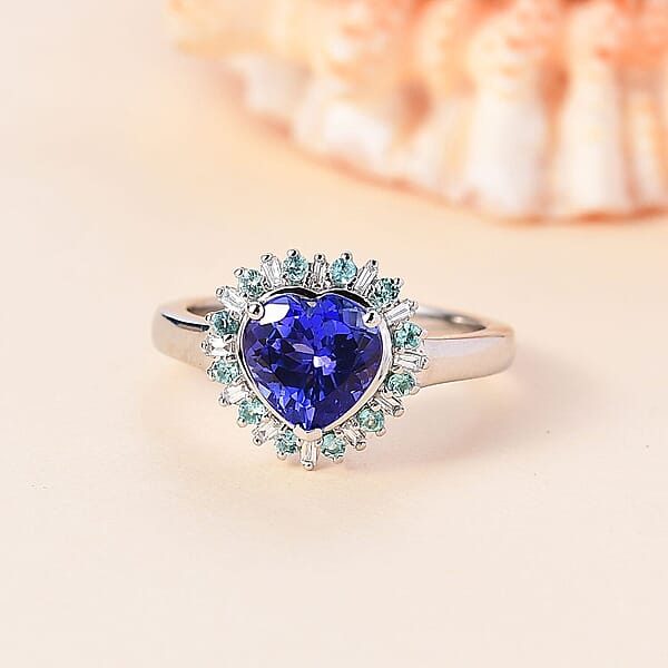 Rhapsody 950 Platinum AAAA Tanzanite Paraiba Tourmaline And Diamond (E-F VS2) Heart Ring 2.20 Ctw