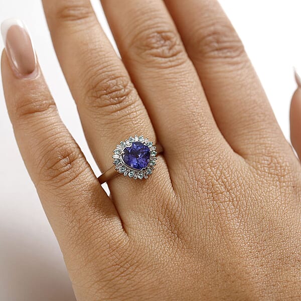 Rhapsody 950 Platinum AAAA Tanzanite Paraiba Tourmaline And Diamond (E-F VS2) Heart Ring 2.20 Ctw