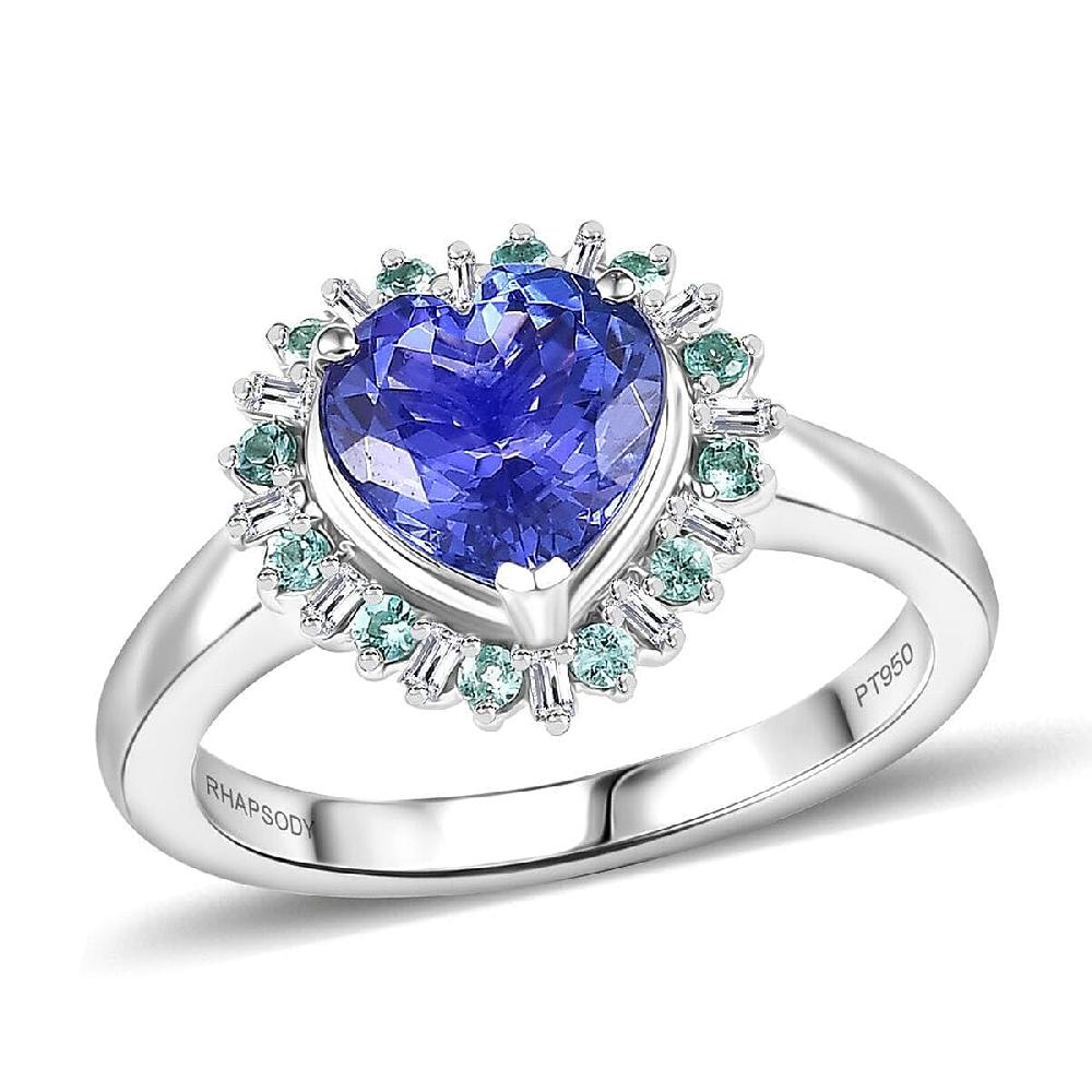 Rhapsody 950 Platinum AAAA Tanzanite Paraiba Tourmaline and Diamond (E-F VS2) Heart Ring 2.20 ctw