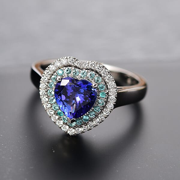 Rhapsody 950 Platinum AAAA Tanzanite Paraiba Tourmaline And Diamond (E-F VS2) (0.24 Cts) Heart Ring (8.80 G) 2.20 Ctw