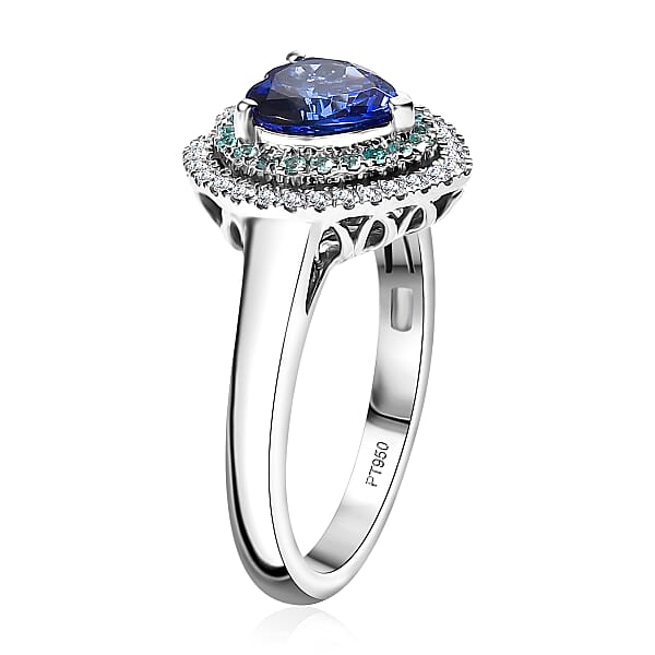 Rhapsody 950 Platinum AAAA Tanzanite Paraiba Tourmaline And Diamond (E-F VS2) (0.24 Cts) Heart Ring (8.80 G) 2.20 Ctw