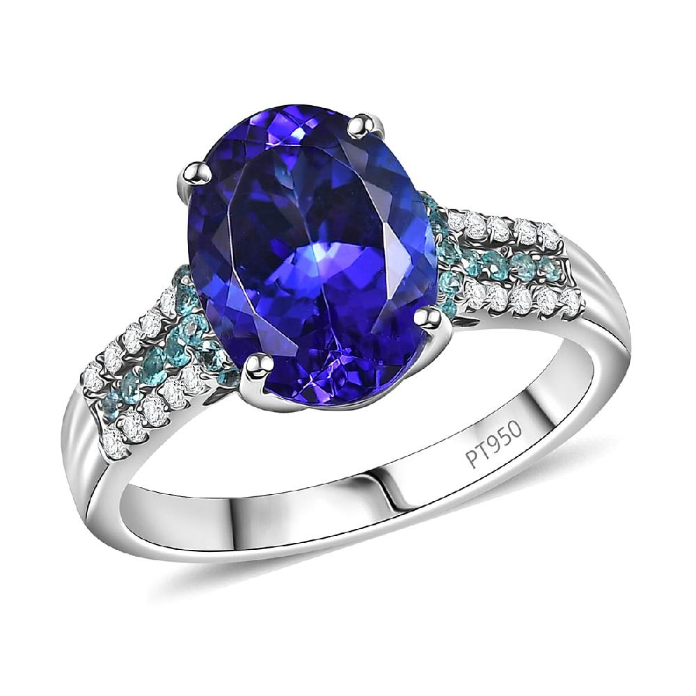 Rhapsody 950 Platinum AAAA Tanzanite Paraiba Tourmaline and Diamond (E-F VS2) (0.16 cts) Ring (6.50 g) 5.15 ctw