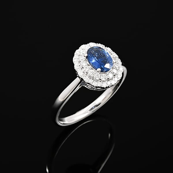 Rhapsody AAAA Andranondambo Blue Sapphire And E-F VS Diamond 1.45 Ctw Double Halo Ring In 950 Platinum 6.20 Grams