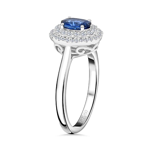 Rhapsody AAAA Andranondambo Blue Sapphire And E-F VS Diamond 1.45 Ctw Double Halo Ring In 950 Platinum 6.20 Grams