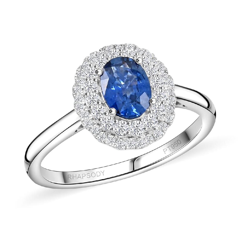 Rhapsody AAAA Andranondambo Blue Sapphire and E-F VS Diamond 1.45 ctw Double Halo Ring in 950 Platinum 6.20 Grams