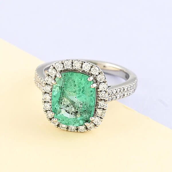Rhapsody AAAA Boyaca Colombian Emerald And E-F VS Diamond 4.60 Ctw Halo Ring In 950 Platinum 7.50 Grams