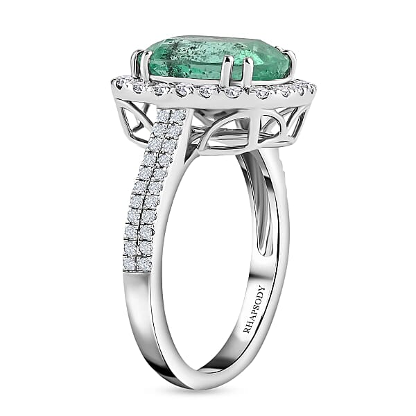 Rhapsody AAAA Boyaca Colombian Emerald And E-F VS Diamond 4.60 Ctw Halo Ring In 950 Platinum 7.50 Grams
