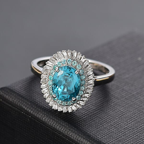 Rhapsody AAAA Cambodian Blue Zircon Paraiba Tourmaline And E-F VS Diamond 4.36 Ctw Double Halo Ring In 950 Platinum