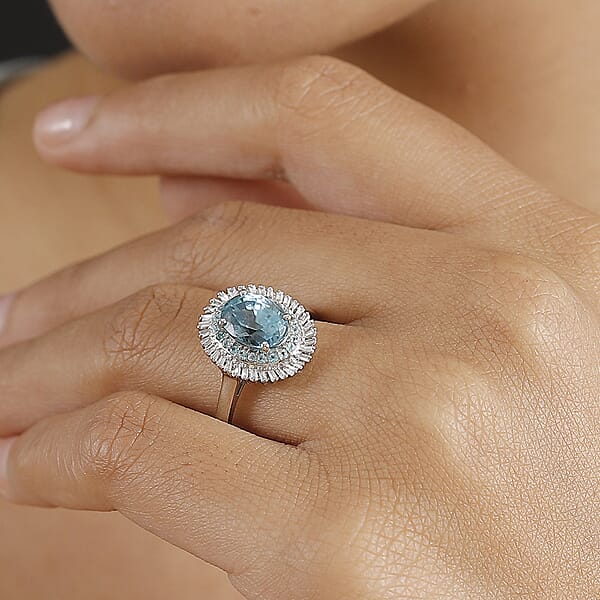 Rhapsody AAAA Cambodian Blue Zircon Paraiba Tourmaline And E-F VS Diamond 4.36 Ctw Double Halo Ring In 950 Platinum