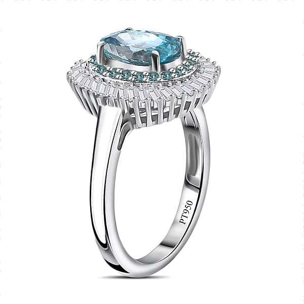 Rhapsody AAAA Cambodian Blue Zircon Paraiba Tourmaline And E-F VS Diamond 4.36 Ctw Double Halo Ring In 950 Platinum
