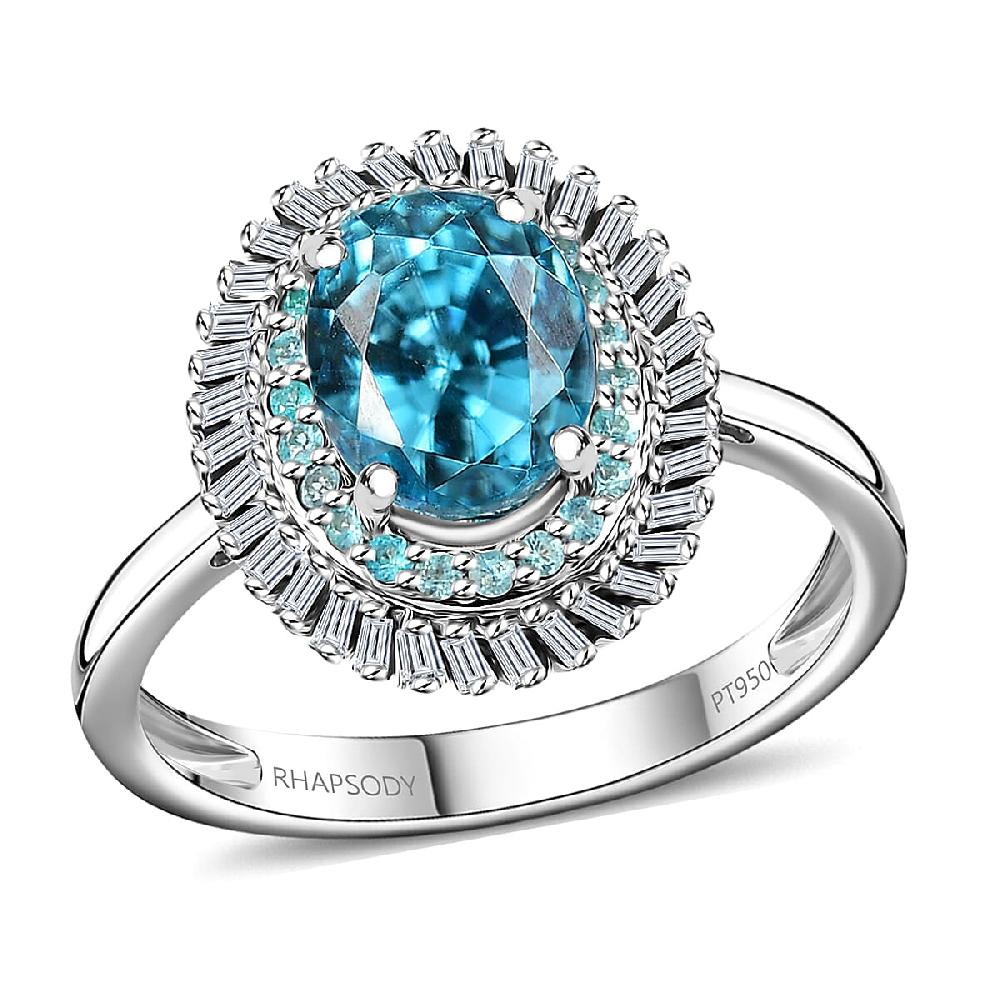 Rhapsody AAAA Cambodian Blue Zircon Paraiba Tourmaline and E-F VS Diamond 4.36 ctw Double Halo Ring in 950 Platinum
