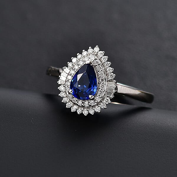 Rhapsody AAAA Ceylon Blue Sapphire And Diamond E-F VS 1.25 Ctw Ring In 950 Platinum 4.30 Grams