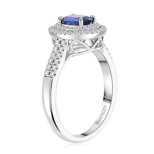 Rhapsody AAAA Ceylon Blue Sapphire And E-F VS Diamond 1.40 Ctw Ring In 950 Platinum 5.15 Grams