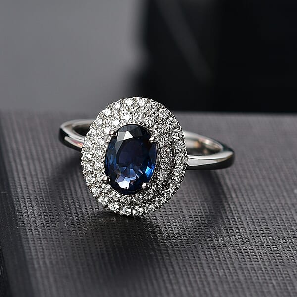 Rhapsody AAAA Ceylon Blue Sapphire And E-F VS2 Diamond 1.65 Ctw Double Halo Ring In 950 Platinum 4.50 Grams