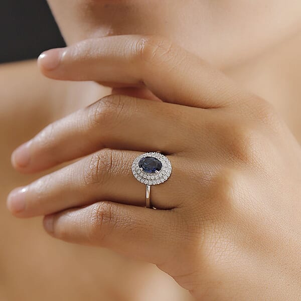Rhapsody AAAA Ceylon Blue Sapphire And E-F VS2 Diamond 1.65 Ctw Double Halo Ring In 950 Platinum 4.50 Grams