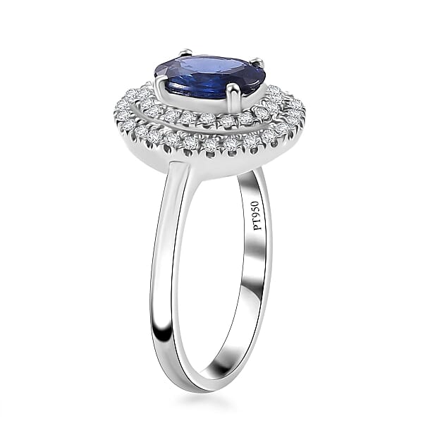 Rhapsody AAAA Ceylon Blue Sapphire And E-F VS2 Diamond 1.65 Ctw Double Halo Ring In 950 Platinum 4.50 Grams