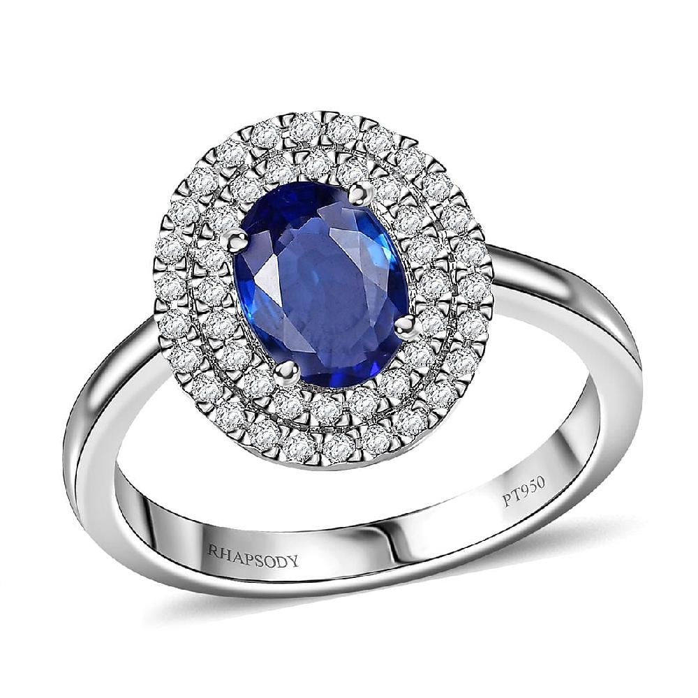 Rhapsody AAAA Ceylon Blue Sapphire and E-F VS2 Diamond 1.65 ctw Double Halo Ring in 950 Platinum 4.50 Grams