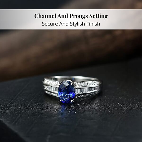 Rhapsody AAAA Ceylon Blue Sapphire Diamond Line Ring In 950 Platinum 1.60 Ctw