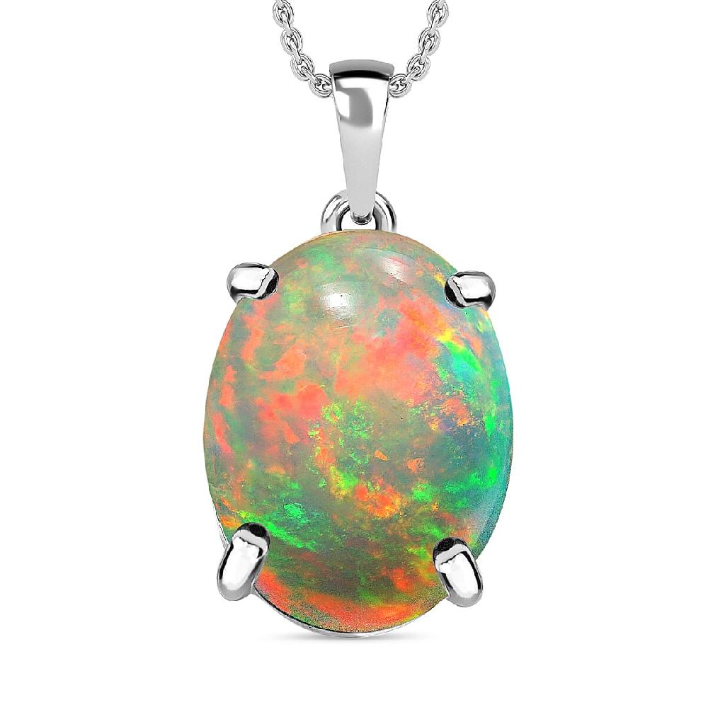 Rhapsody AAAA Ethiopian Welo Opal 5.00 ctw Solitaire Pendant Necklace 20 Inches in 18K White Gold (Del. in 10-12 Days)