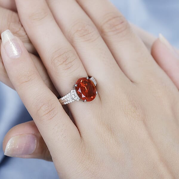 Rhapsody AAAA Fire Opal And E-F VS White Diamond 3.15 Ctw Ring In 950 Platinum 6.75 Grams