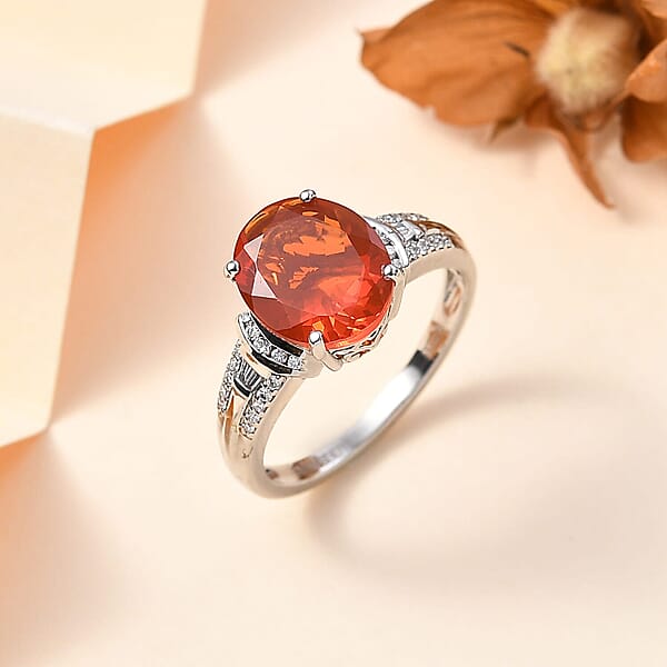 Rhapsody AAAA Fire Opal And E-F VS White Diamond 3.15 Ctw Ring In 950 Platinum 6.75 Grams