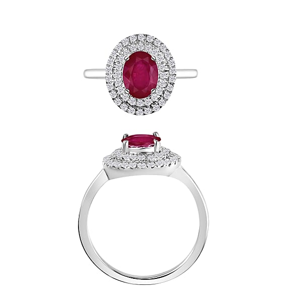 Rhapsody AAAA Mozambique Ruby And Diamond 1.85 Ctw E-F VS2 Double Halo Ring In 950 Platinum 4.50 Grams (Del. In 10-12 Days)